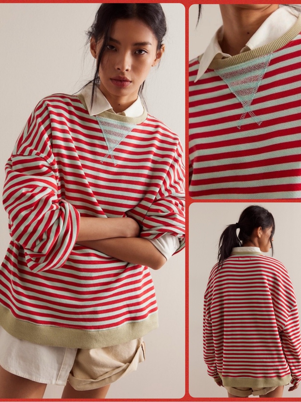 🍒NEW Free People Classic Stripe Oversized Crewneck. Red/Mint Green. Small